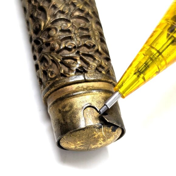 SOLD Antique Victorian Chatelaine Cosmetic Bag Frame Gold Tone Filigree - Picture 9 of 16